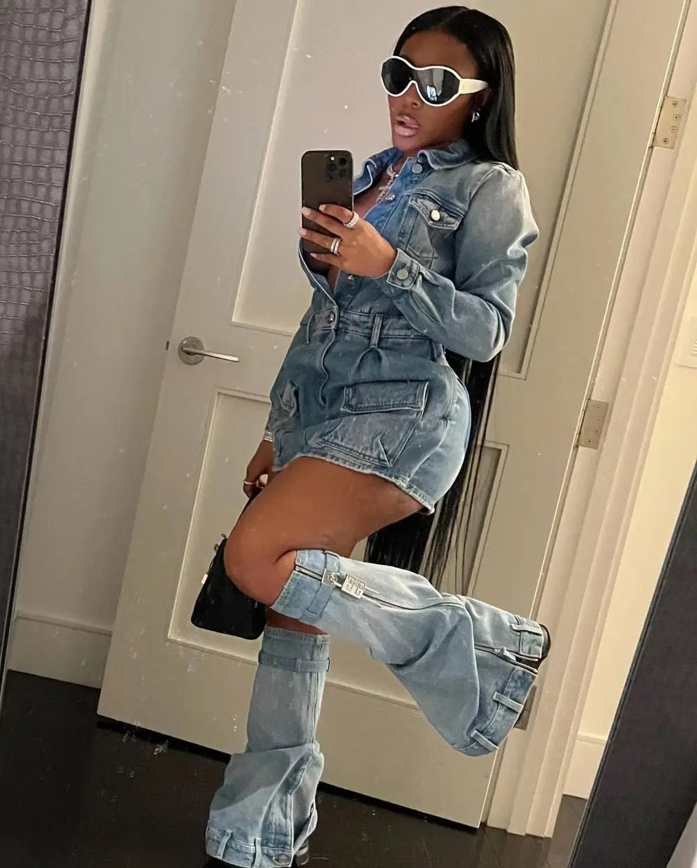 Fashion Fix Long Sleeve Denim Mini Dress with Female Cowboy Leg Covers