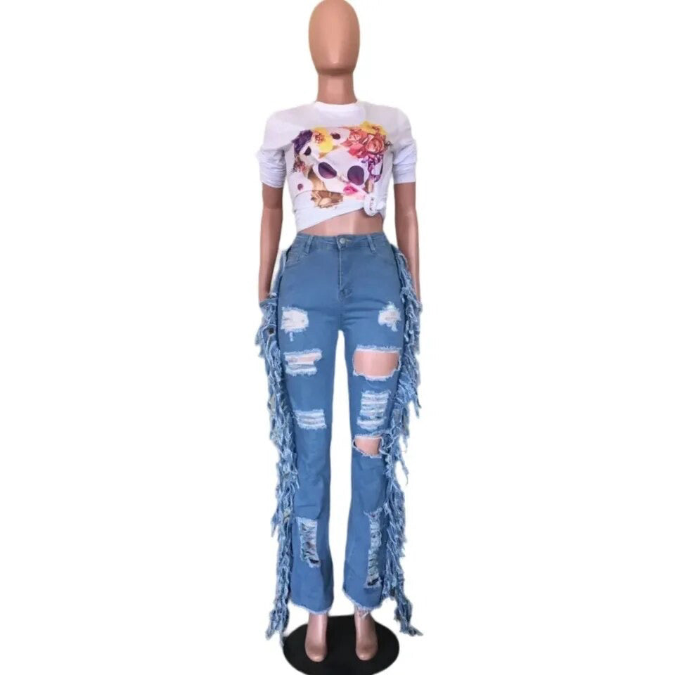 Fashion Fix High Waisted Distressed Tassel Jeans