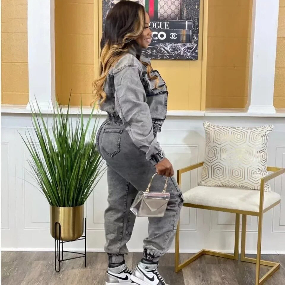 Fashion Fix Gray Casual Denim Pocket Pants Two Piece Set