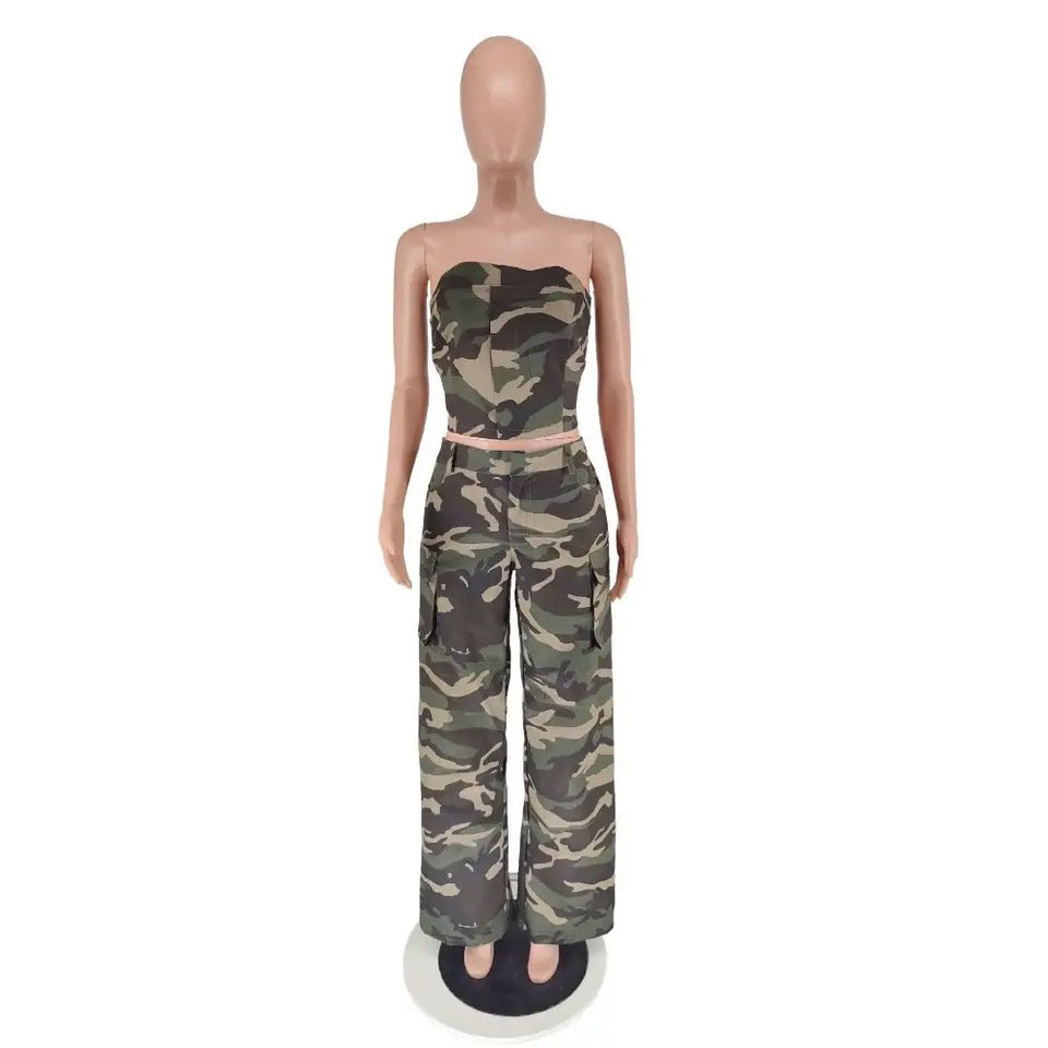 Fashion Fix Camouflage Tube Top Cargo Pants Two Piece Set