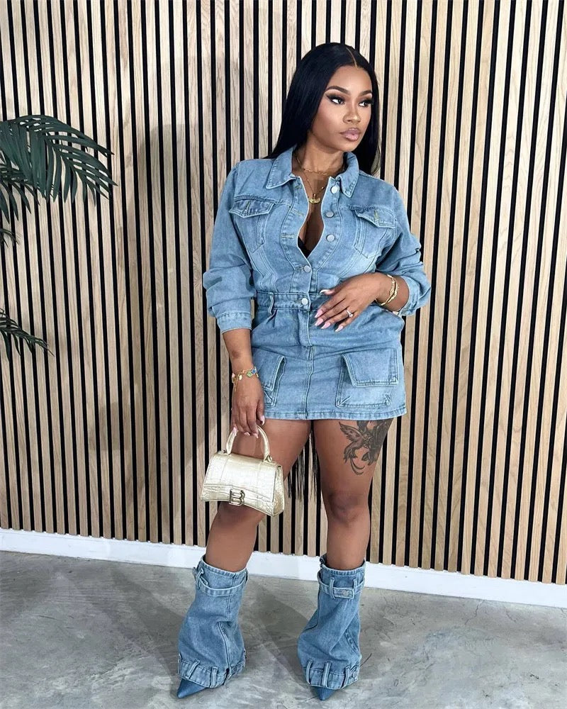 Fashion Fix Long Sleeve Denim Mini Dress with Female Cowboy Leg Covers