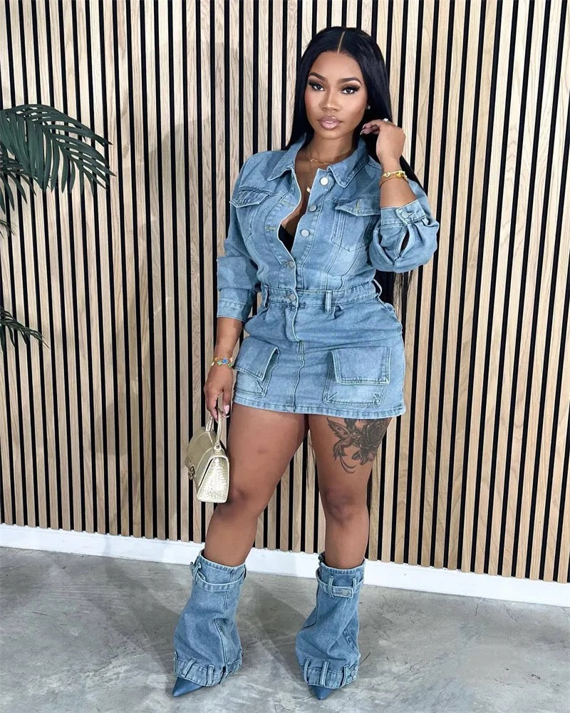 Fashion Fix Long Sleeve Denim Mini Dress with Female Cowboy Leg Covers