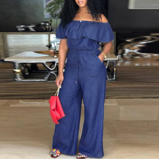 Fashion Fix Denim Womens Off Shoulder Ruffles Jumpsuit